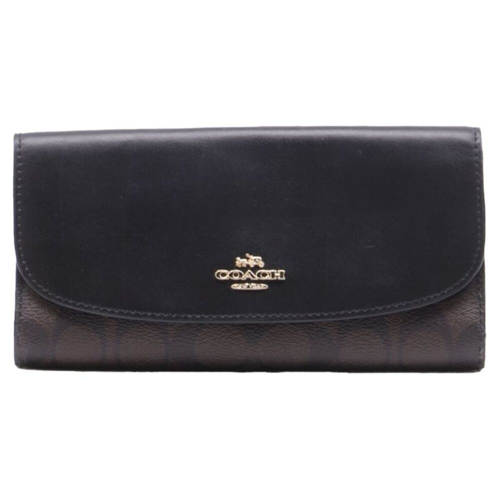 Coach Signature Continental Wallet in Brown Coated Canvas and Leather